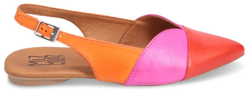 A colorful, pointed-toe slingback flat shoe with a buckle.