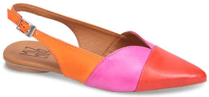 A tri-color sling back shoe with a pointed toe. The toe is a reddish-orange, the center section is pink, and the heel and strap is orange.