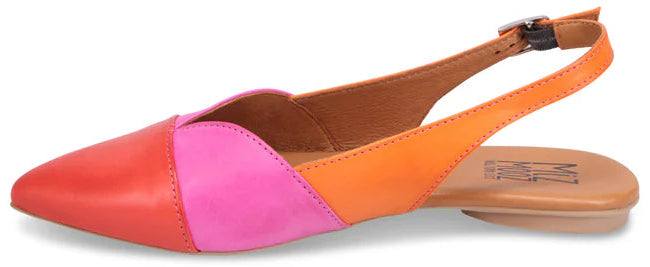A slingback shoe with a pointed toe, featuring color blocking in red, pink, and orange.