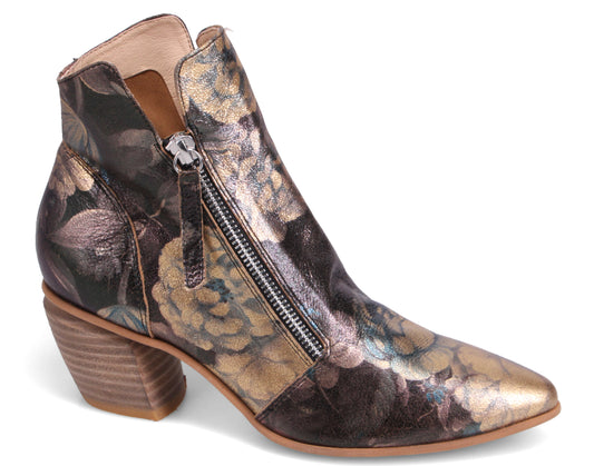 Floral print ankle boot with a side zipper and a wooden heel.