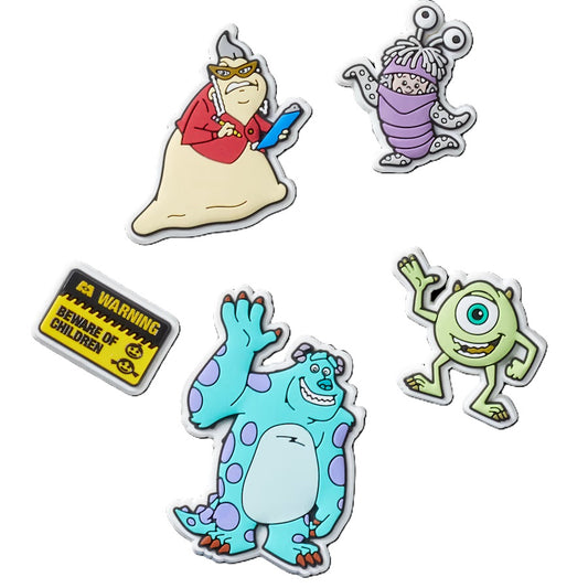 Five cartoon-style charms: Roz, a warning sign, Boo, Sully and Mike Wazowski from Monsters, Inc.