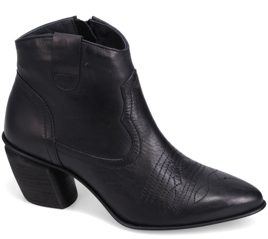 Black leather cowboy ankle boot with a pointed toe and block heel.