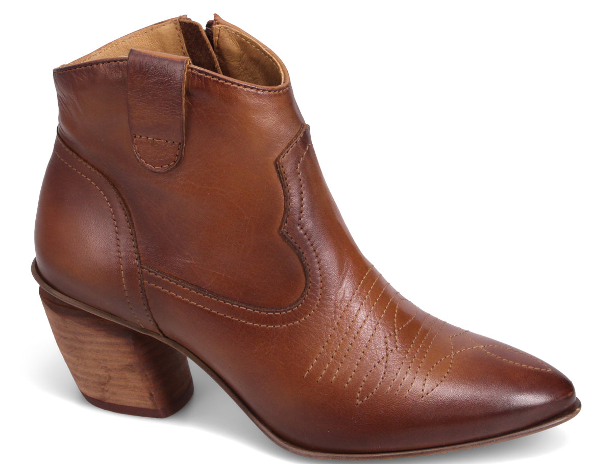 Brown leather heeled cowboy boot.