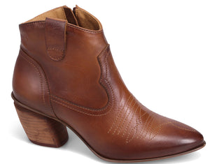 Brown leather heeled cowboy boot.