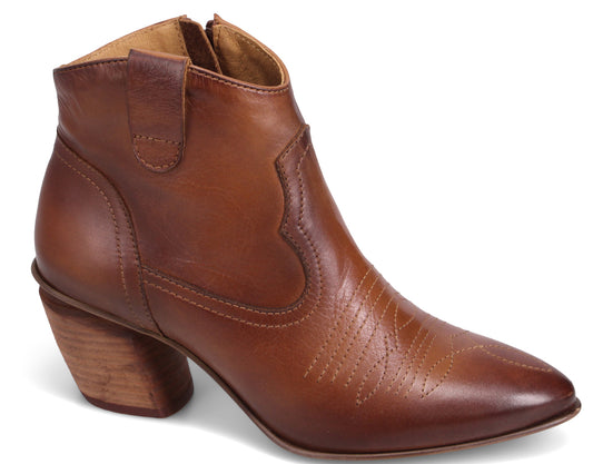 Brown leather heeled cowboy boot.