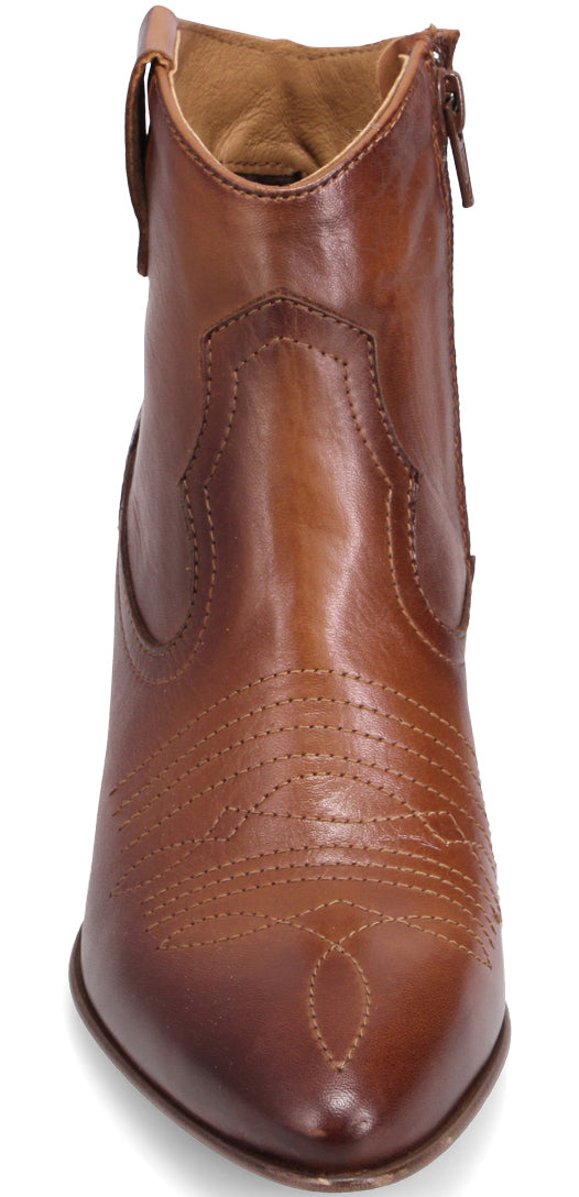 A brown, pointed toe cowboy boot with a zipper closure.