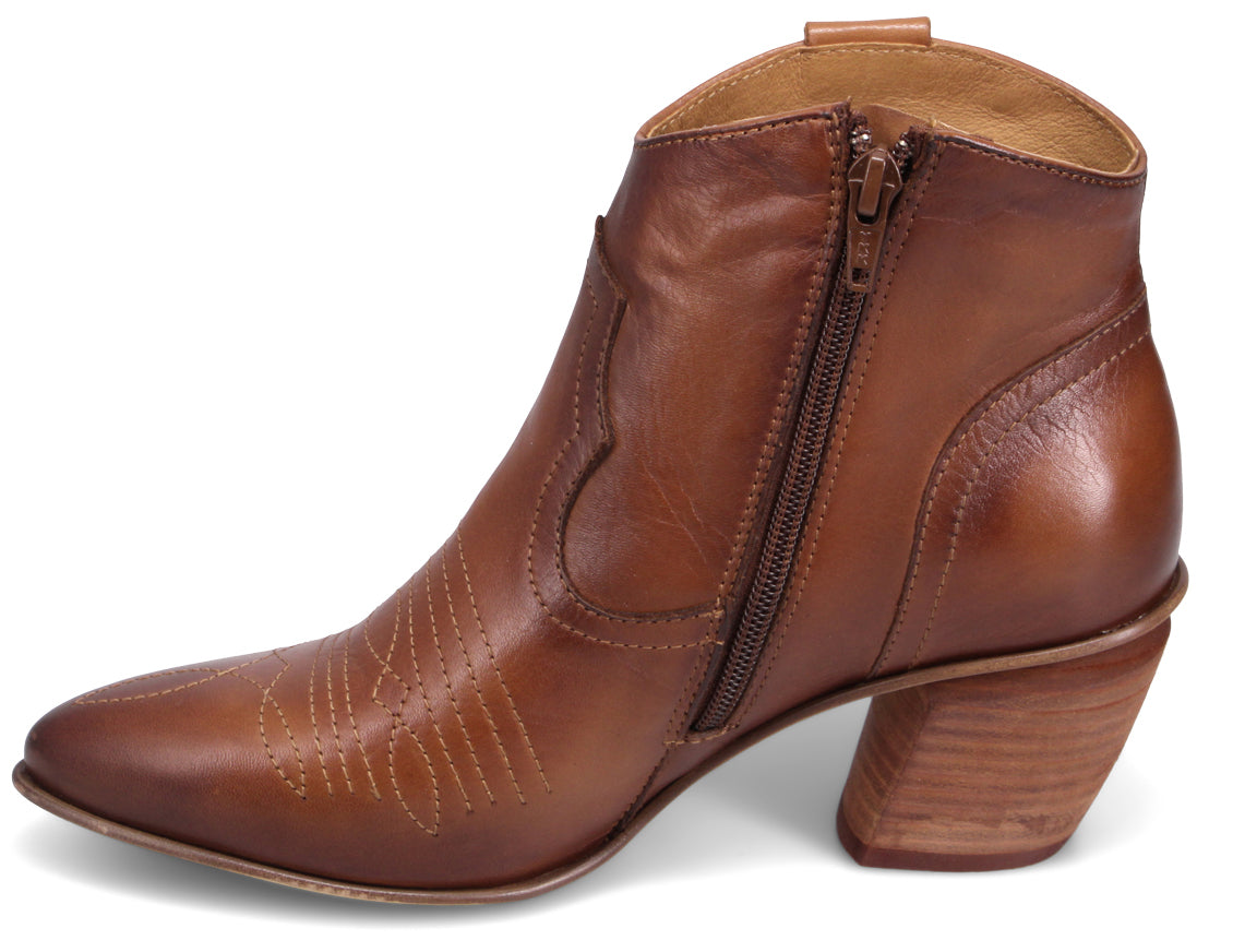 Brown leather ankle boot with western stitching and a side zipper.
