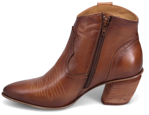 Brown leather ankle boot with western stitching and a side zipper.