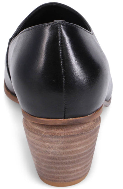 Black leather loafer shoe with a stacked wooden heel.