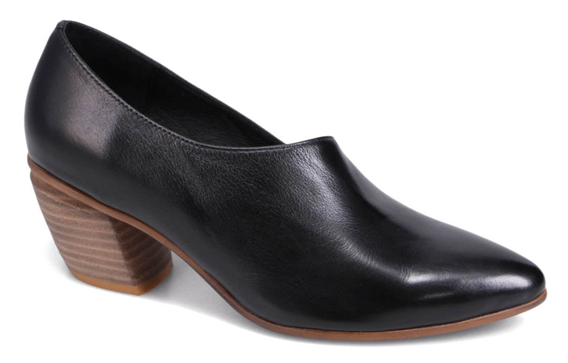 Black leather dress shoe with low wooden heel