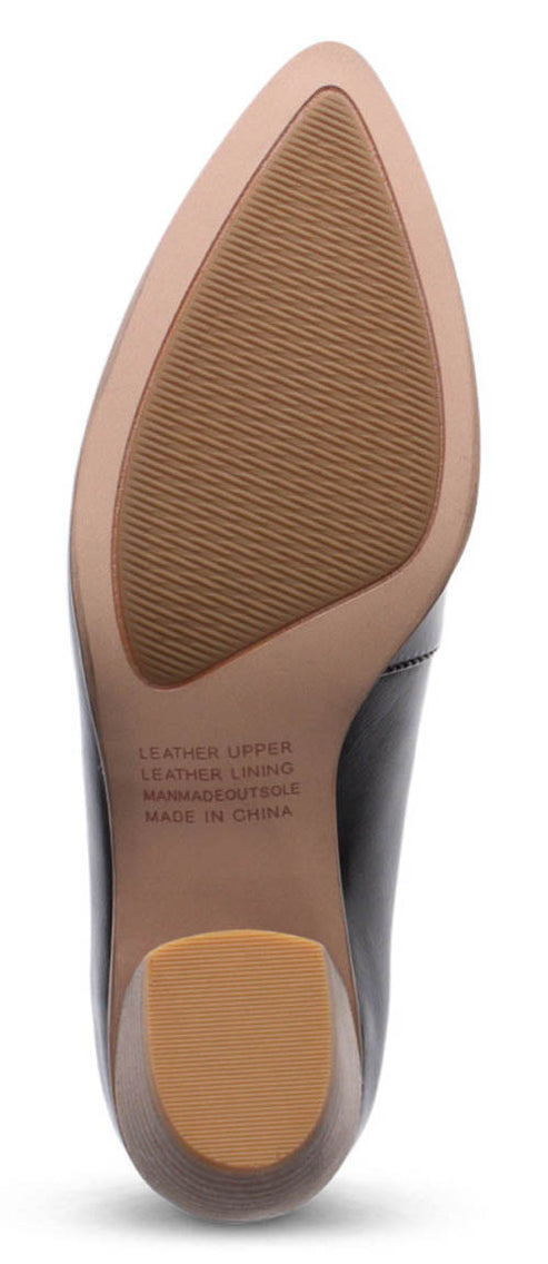 The bottom of a shoe with a leather upper and lining and a manmade outsole, made in China.