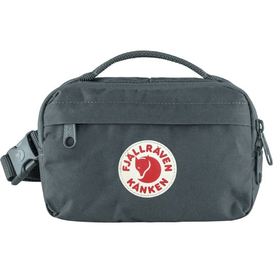 Gray fabric waist bag with top handle and red logo.