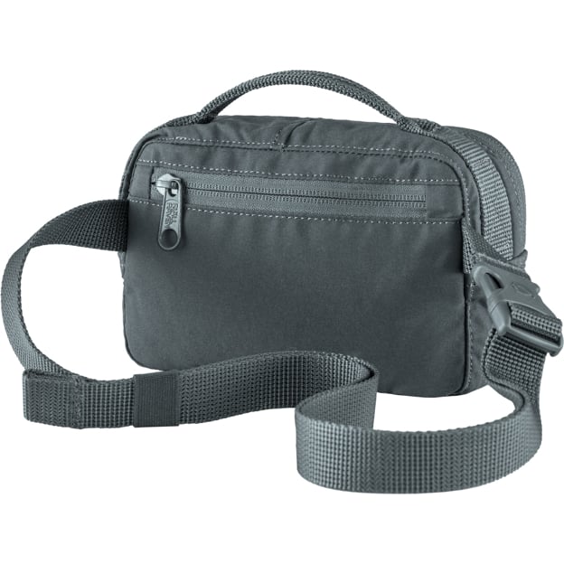 Gray waist bag with adjustable strap and top handle.