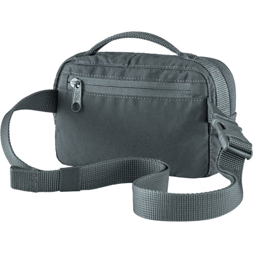 Gray waist bag with adjustable strap and top handle.