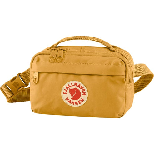Mustard yellow rectangular waist pack with a circular logo of a red horse inside a white circle with red lettering.