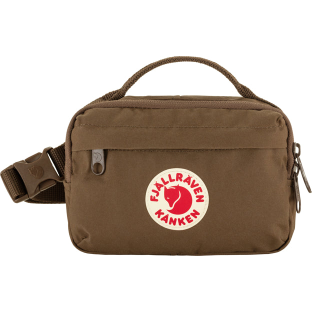Brown fanny pack with handle, buckle, and the "Fjallraven Kanken" logo.