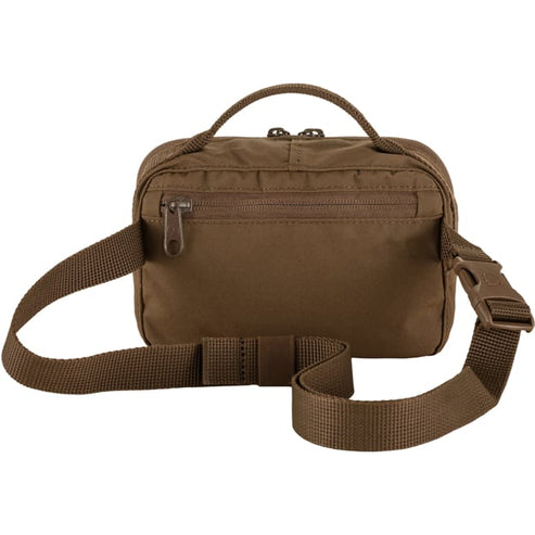 Brown waist bag with top handle and adjustable strap.