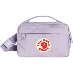 Lilac waist pack with handle and Fjallraven Kanken logo.