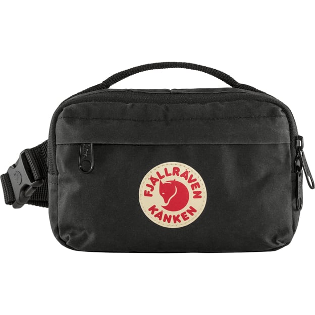 Black belt bag with adjustable strap, top handle, front zipper pocket, and circular logo containing a red fox and the text "FJÄLLRÄVEN KANKEN".