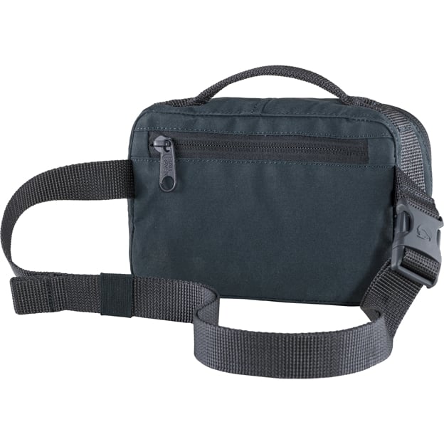 Dark blue fanny pack with top zipper pocket and adjustable strap with buckle.