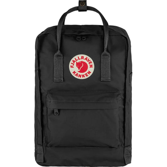 Black Fjallraven Kanken backpack with round red and white logo.