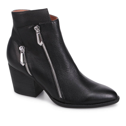 Black ankle boot with a pointed toe, chunky heel, and silver zipper details.