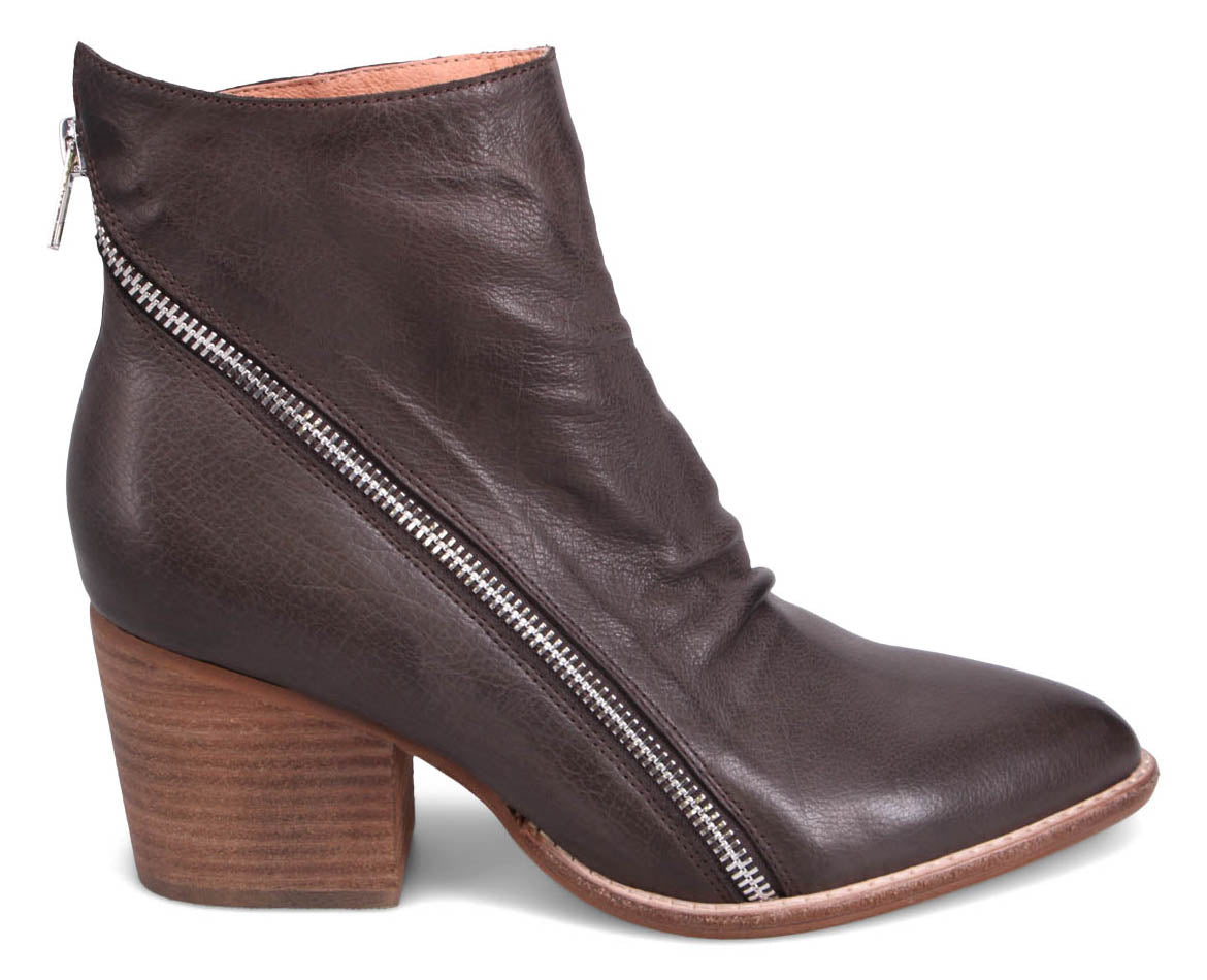 Dark brown leather ankle boot with angled zipper on side and stacked wood heel.