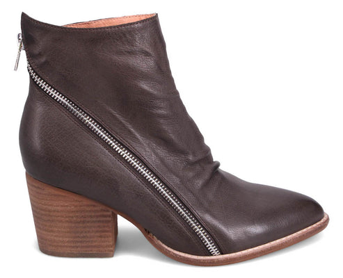 Dark brown leather ankle boot with angled zipper on side and stacked wood heel.