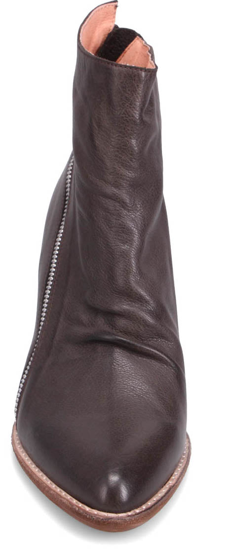 A dark brown ankle boot with a pointed toe and a side zipper.