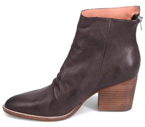 Dark brown leather ankle boot with pointed toe and wooden block heel.