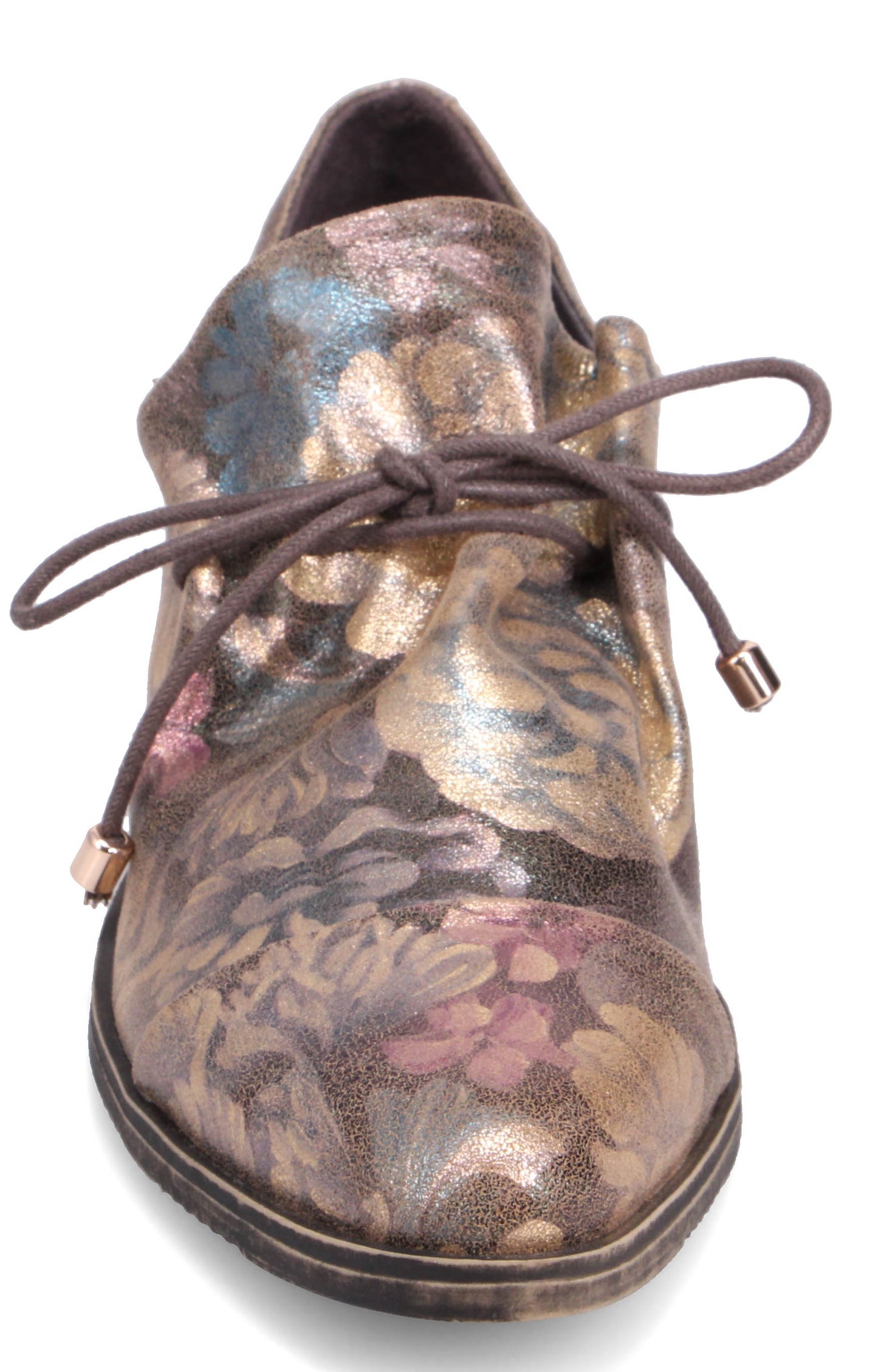 Floral print leather ankle bootie with tie closure