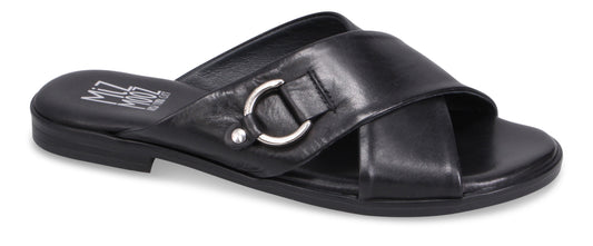Black leather sandal with a silver ring.