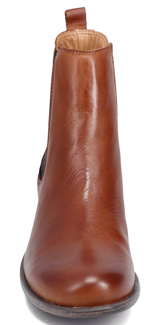 A tan ankle boot with an elastic ankle insert.