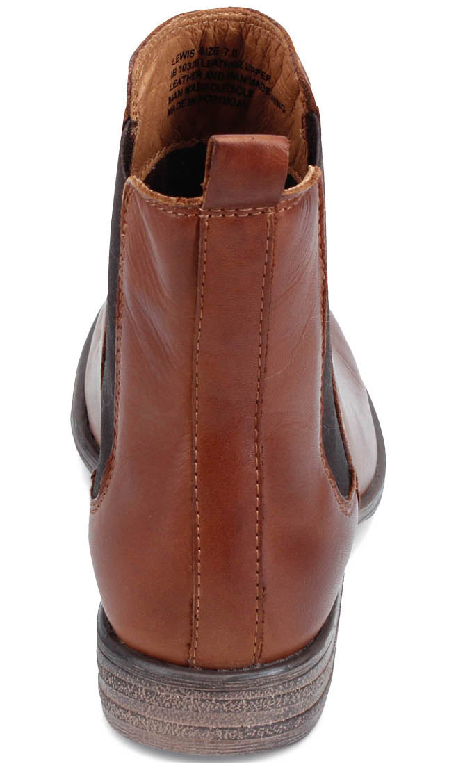 Leather chelsea boot rear view with a brown heel pull-tab.