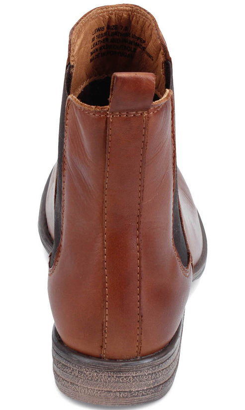Leather chelsea boot rear view with a brown heel pull-tab.