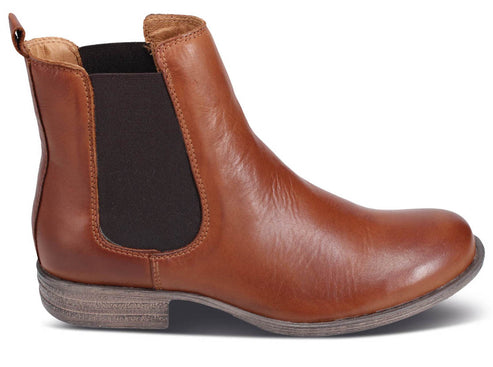 Tan leather Chelsea boot with a low heel and elastic side panels.