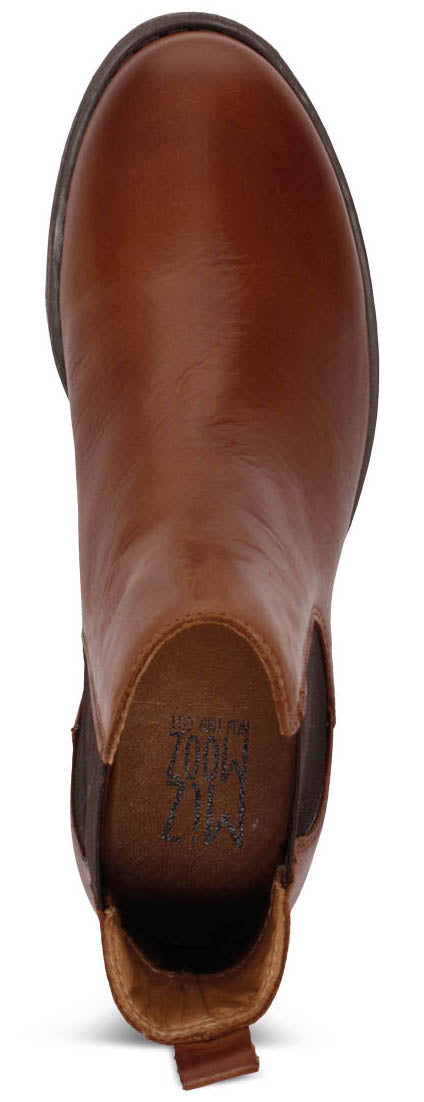 A brown leather boot seen from above with a pull tab.