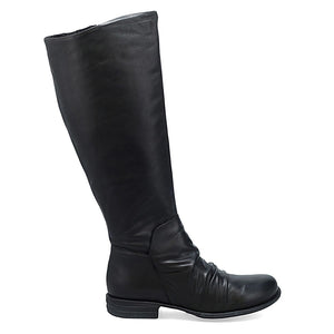 Black, knee-high, leather, riding boot with a short stacked heel.