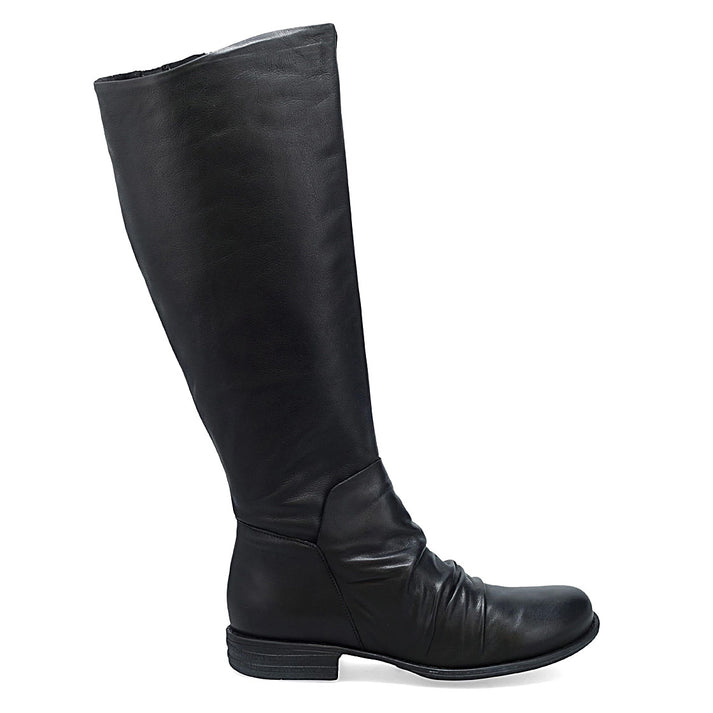 Black, knee-high, leather, riding boot with a short stacked heel.