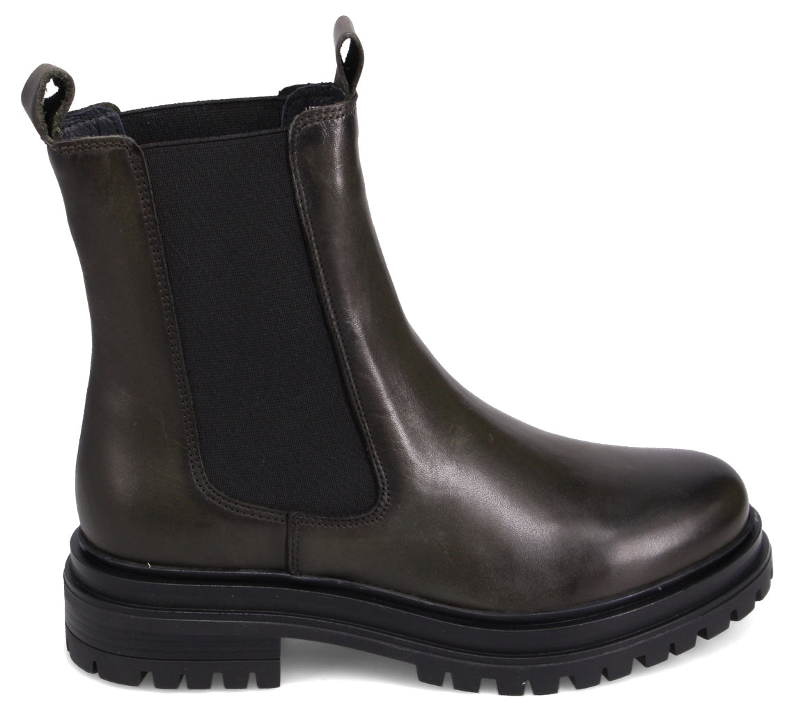 Olive-green leather chelsea boot with black elastic panels and a lug sole.