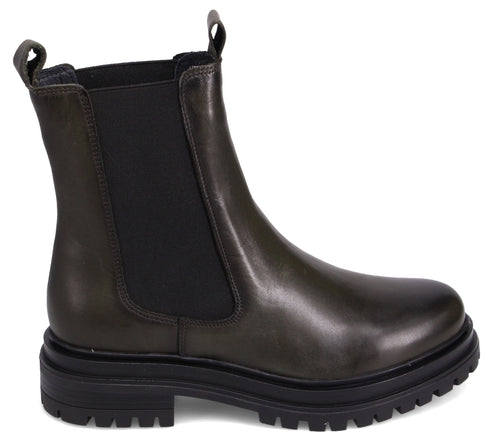 Olive-green leather chelsea boot with black elastic panels and a lug sole.