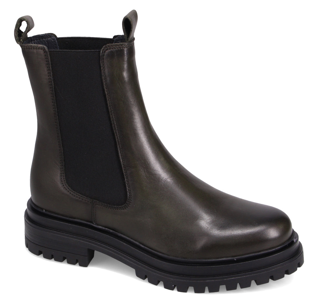 Olive-green leather Chelsea boot with elastic side panels and a thick, lugged black sole.