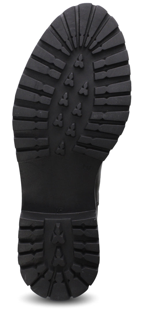 The sole of a black boot with a thick tread and multiple tread patterns.