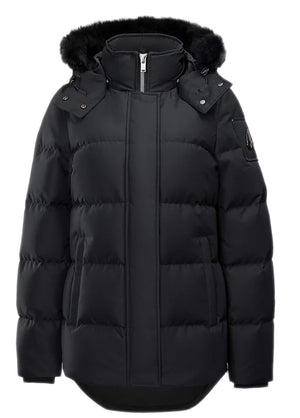 Black puffer jacket with a faux fur-lined hood.
