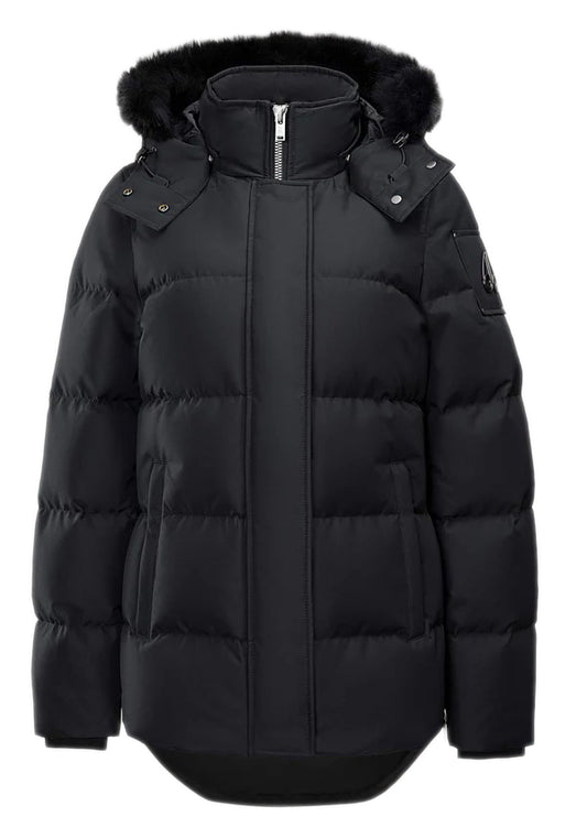 Black puffer jacket with a faux fur-lined hood.