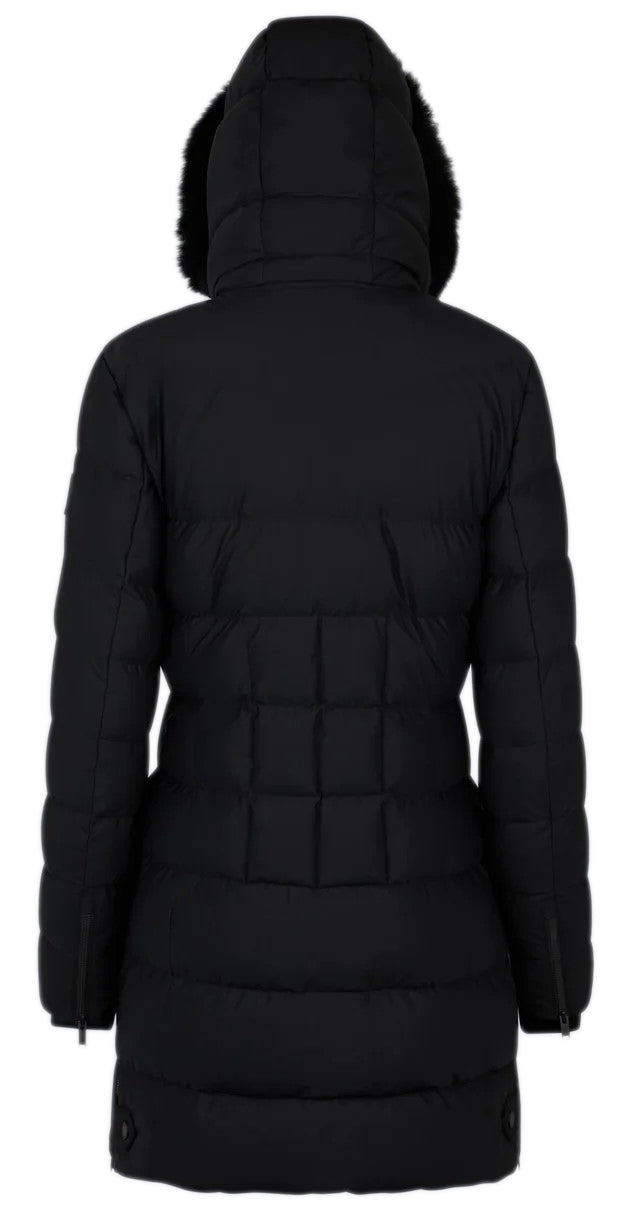Back view of a black, knee length, puffer coat with a fur trimmed hood.