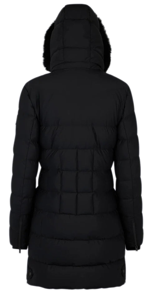 Back view of a black, knee length, puffer coat with a fur trimmed hood.