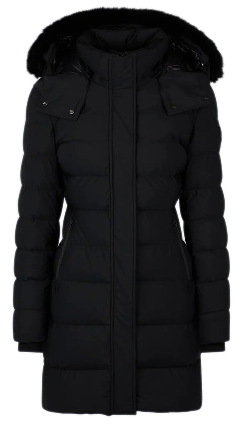 Black knee-length quilted puffer coat with fur-trimmed hood.