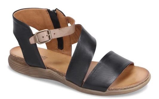 Black sandal with beige straps and buckle, featuring a side zipper and a cork-lined sole.
