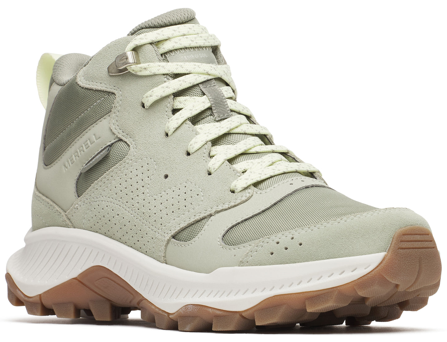 Light-green high-top hiking boot with beige laces, tan sole and white midsole.